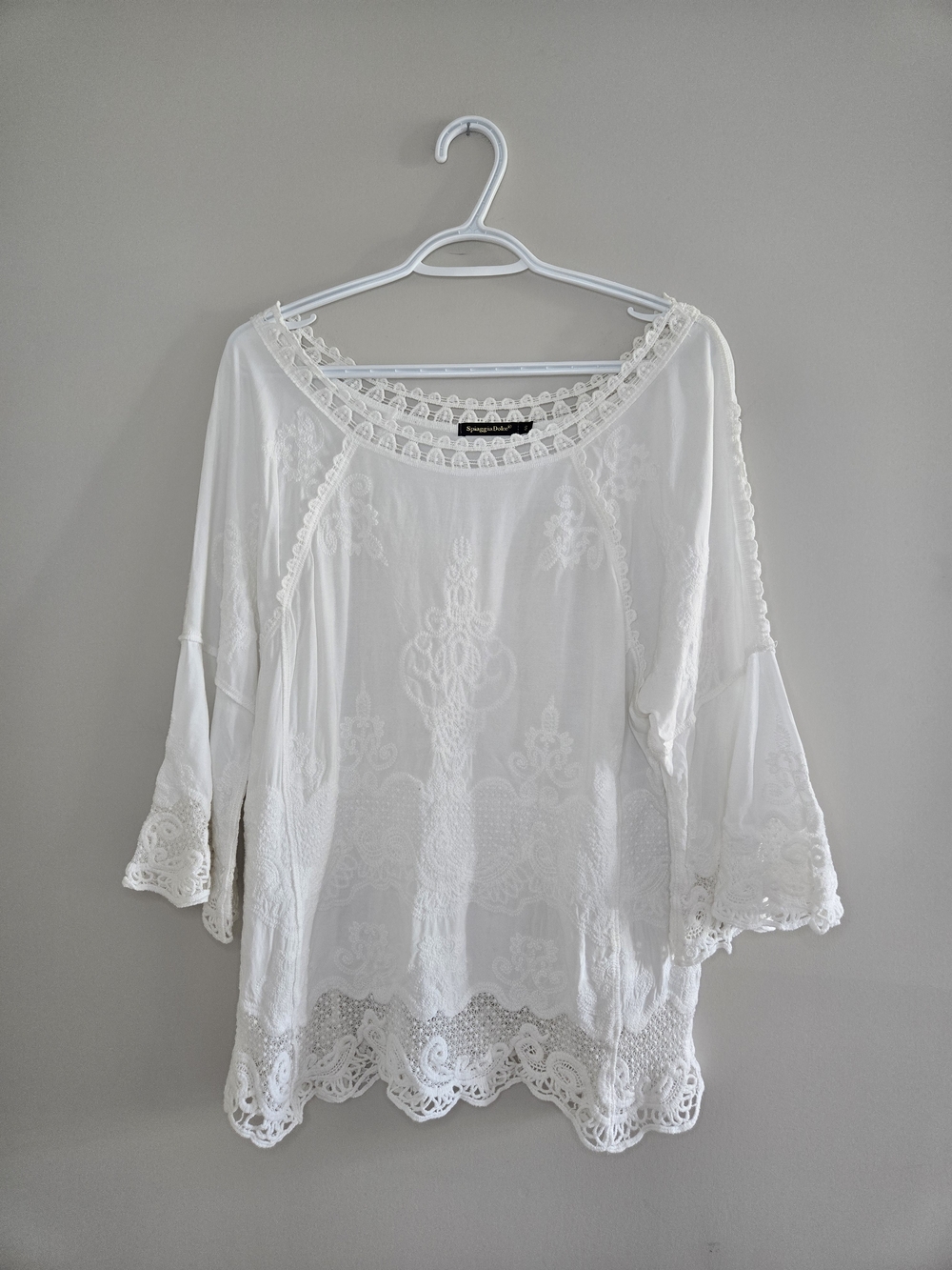 Boho white embroidery + lace-detail tunic top with bell sleeves, small + new